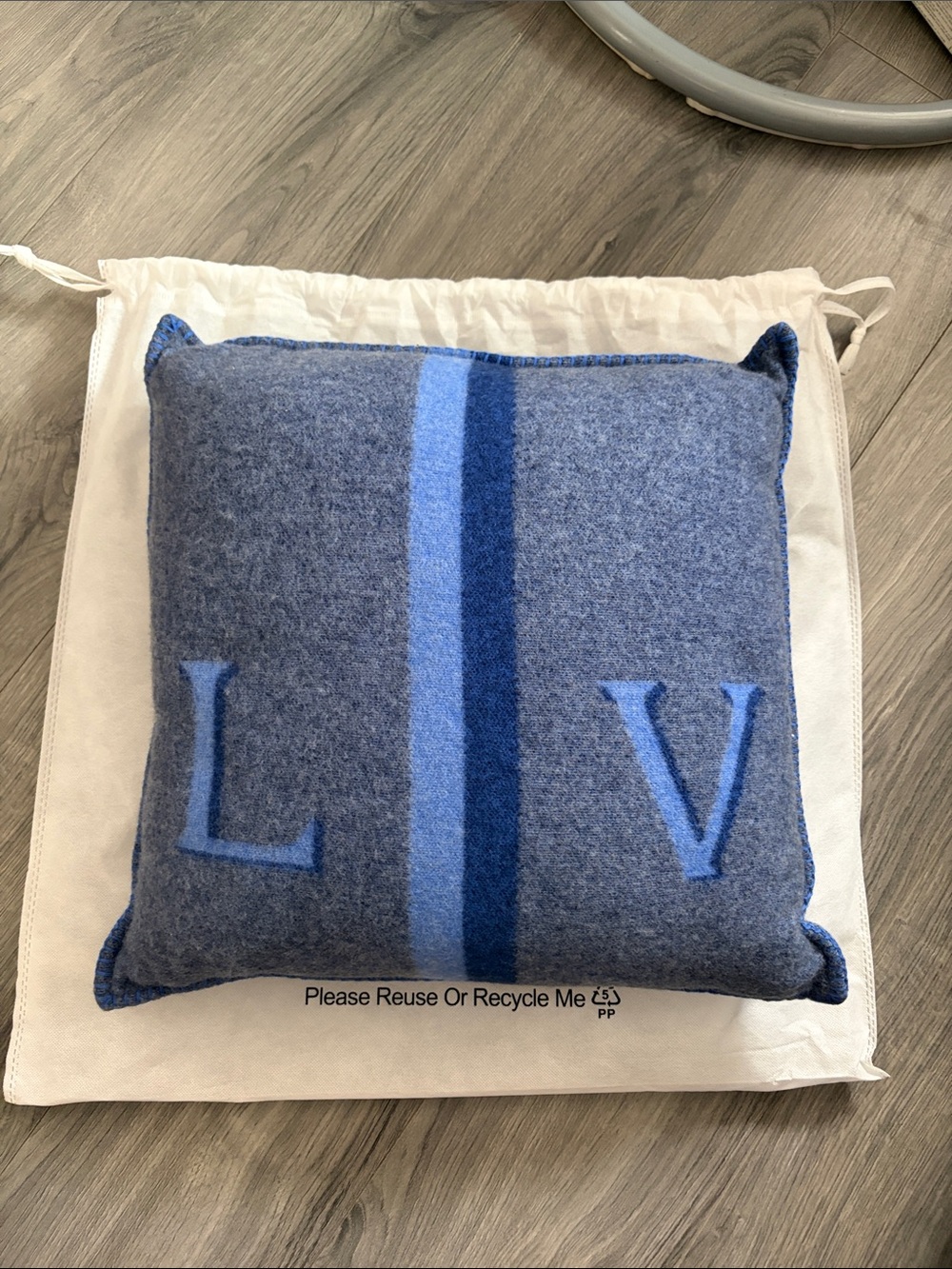 Louis Vuitton Blue Wool Accent Pillow with Letter Motif and Central Stripe